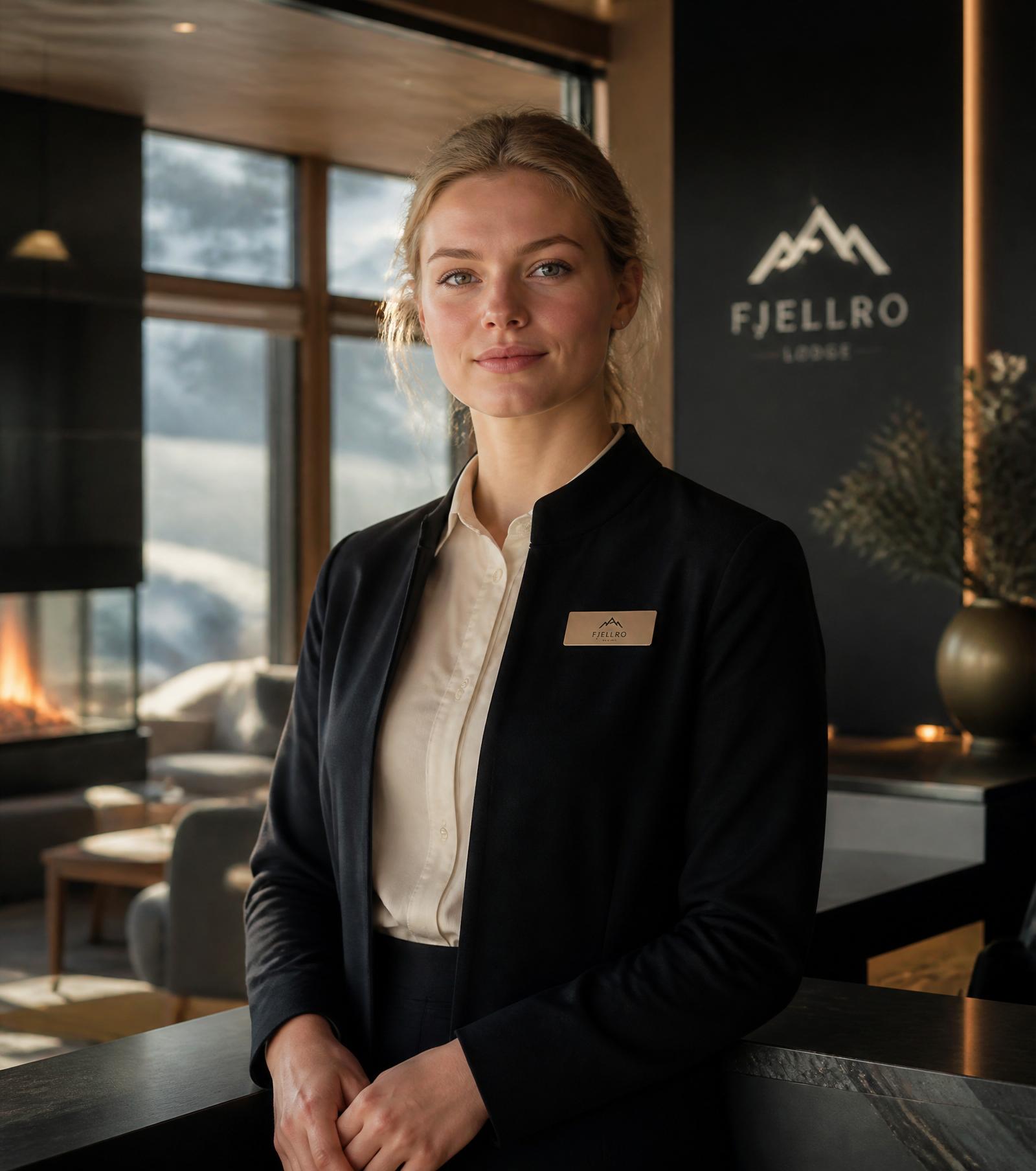 Hospitality professional at a modern Scandinavian mountain lodge
